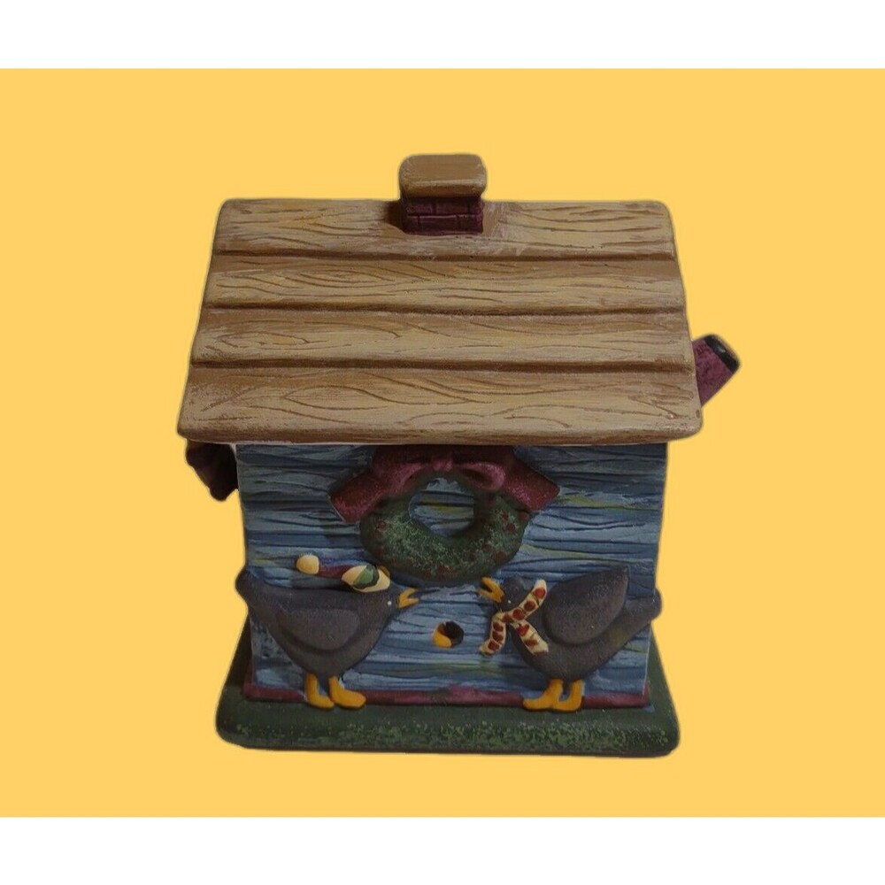 Country Christmas Ceramic Covered Candle Dressed Birds Cabin, Shaped Unused